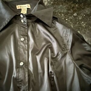 Women's Satin Black 3/4 Short-Sleeve Button-Down Blouse w/ Diamond Buttons